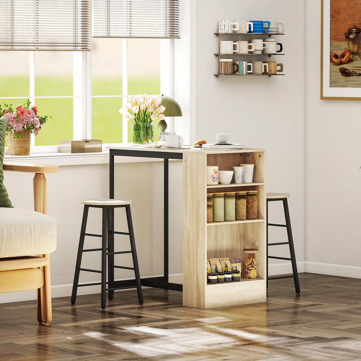 BARTISCH mit Barhocker Set, 3-tlg. Bartisch-Set mit Küchentisch, Stauraum - Multicolor, Metall (49/91/91cm) - HOMCOM