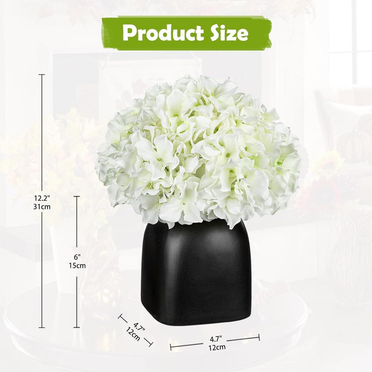 KUNSTBLUMEN Hortensien mit Beeren in schwarzer Keramikvase 31 cm - Weiß, Keramik (33cm)