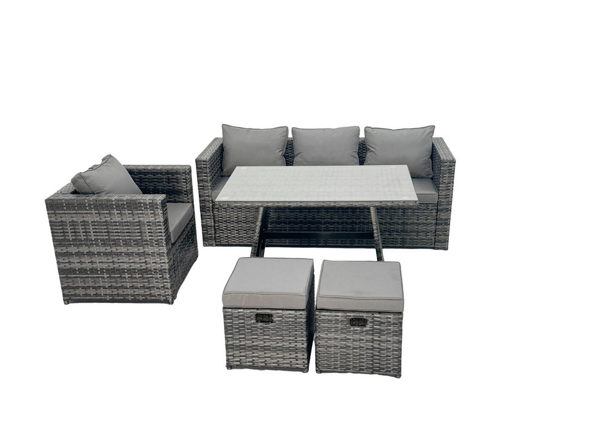 GARTENMÖBELSET mit Hocker 6-Sitzer Grau - Dunkelgrau/Grau, Glas/Kunststoff - Fimous