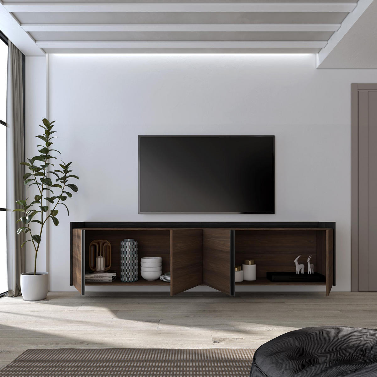 LOWBOARD, Dunkler Eiche und Schwarz, 207/35/50cm, Hängend - Dunkelbraun, Holzwerkstoff (207/50/35cm) - Skraut Home