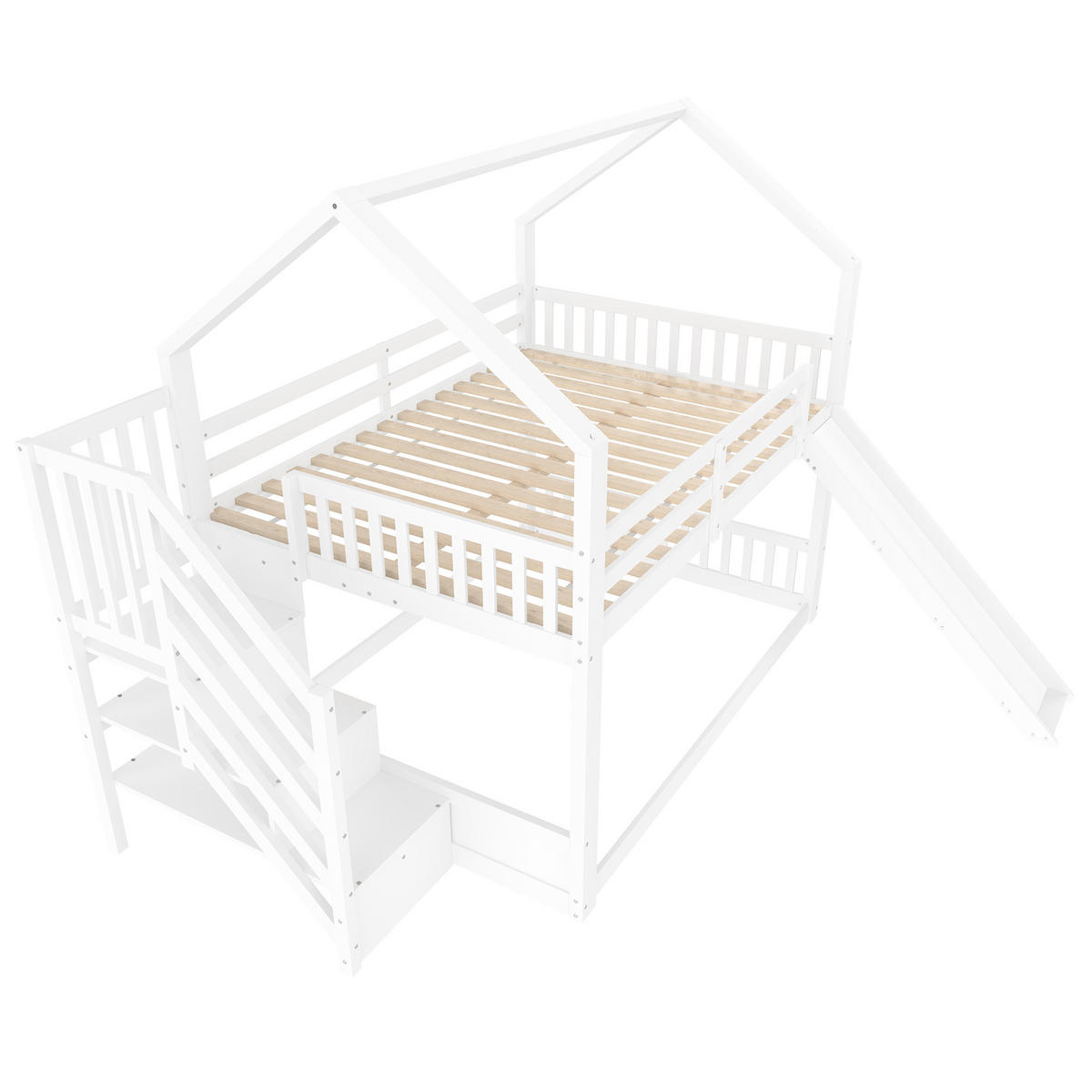 ETAGENBETT 140/200 cm weiß mit Stauraumtreppe und Rutsche - Weiß, Holz (140/200cm) - OKWISH