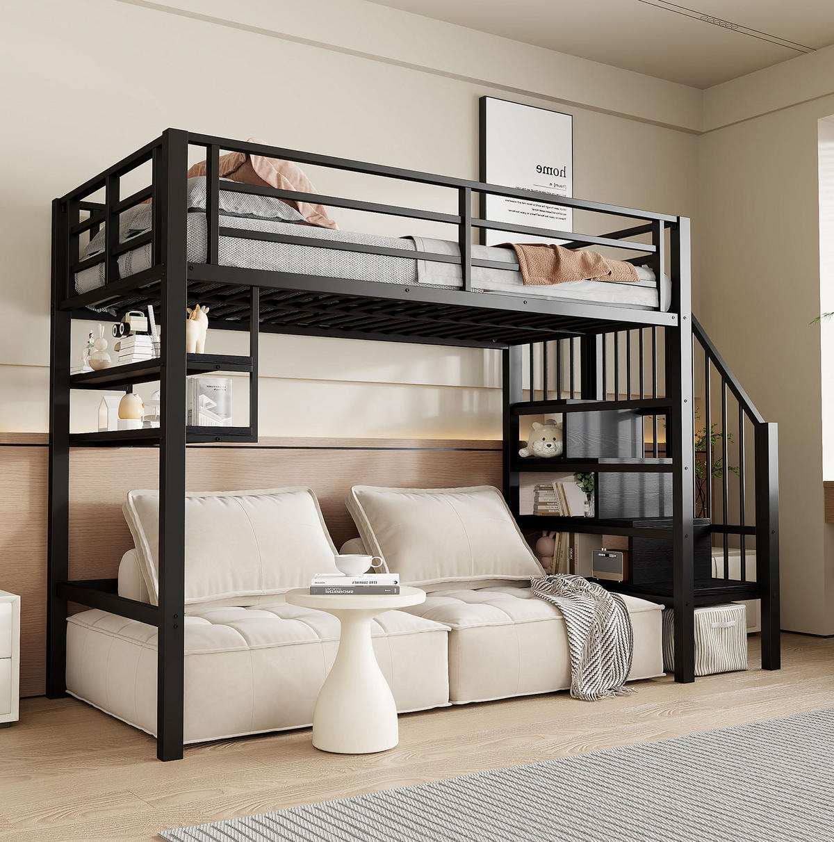 HOCHBETT 90/200 cm mit Stauraumleiter, Regalfächern und Freiraum unter dem Bett, Schwarz - Schwarz, Metall (90/200cm) - Redom