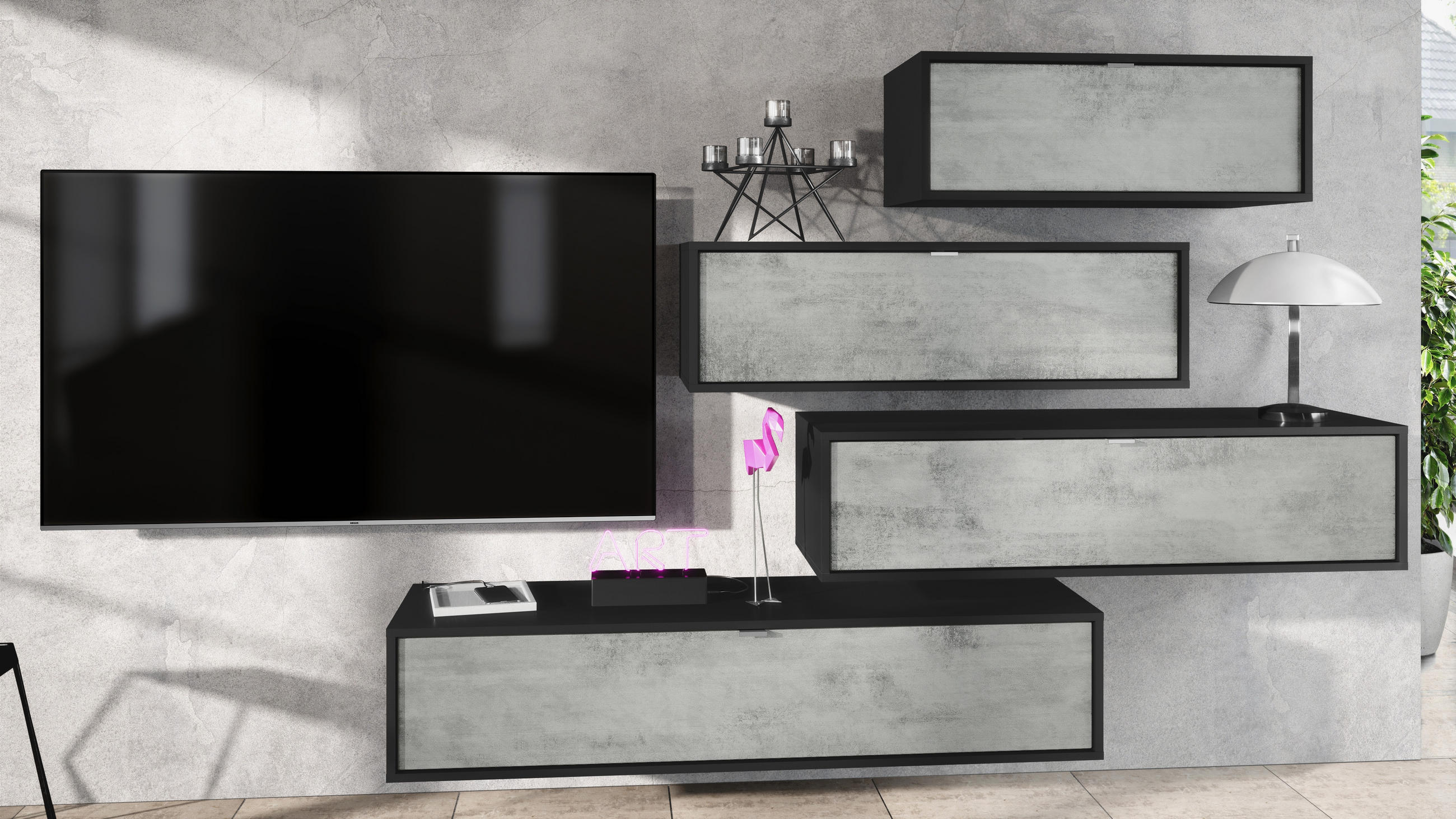 WOHNWAND Lana Fronten in Beton Oxid Optik - Hellgrau, Holzwerkstoff (210/170/37cm) - Vladon