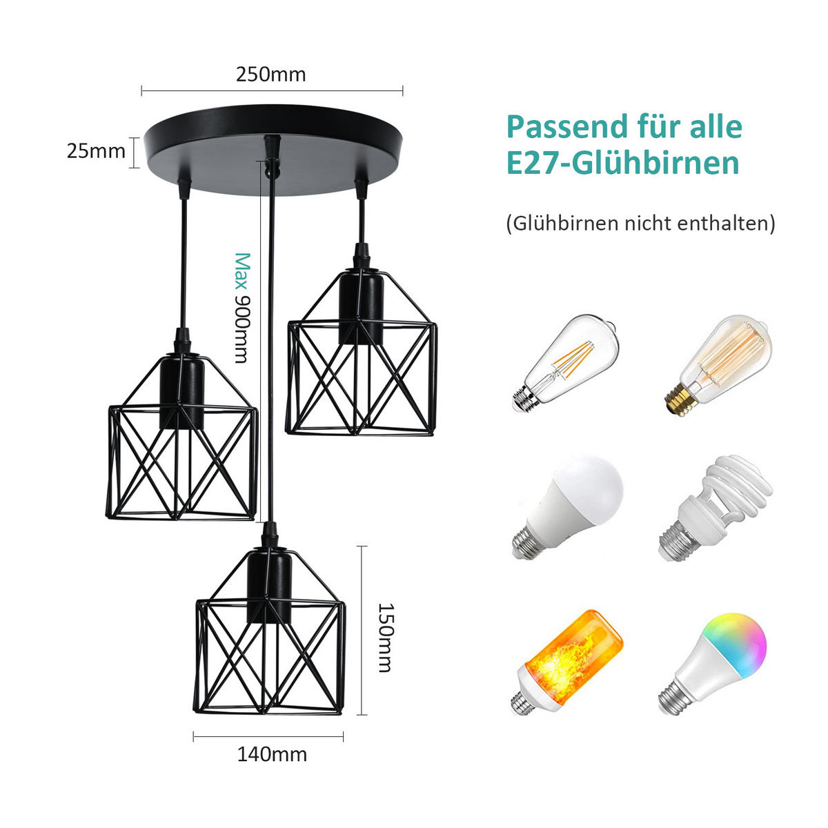 DECKENLEUCHTER 3 Lichter Eisen 25 / 90 cm - Schwarz, Metall (25/25/90cm) - EMKE