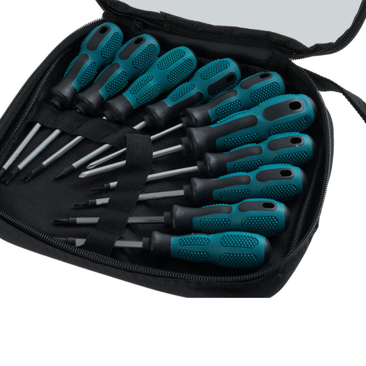 SCHRAUBENDREHER-SET 10-tlg. aus PP, S2-Stahl in Blaugrün mit Aufbewahrungstasche Funktionale Bits 22,5 x 19,5 x 4 cm - Blau, Metall (19.5/22.5/4cm) - Livingandhome