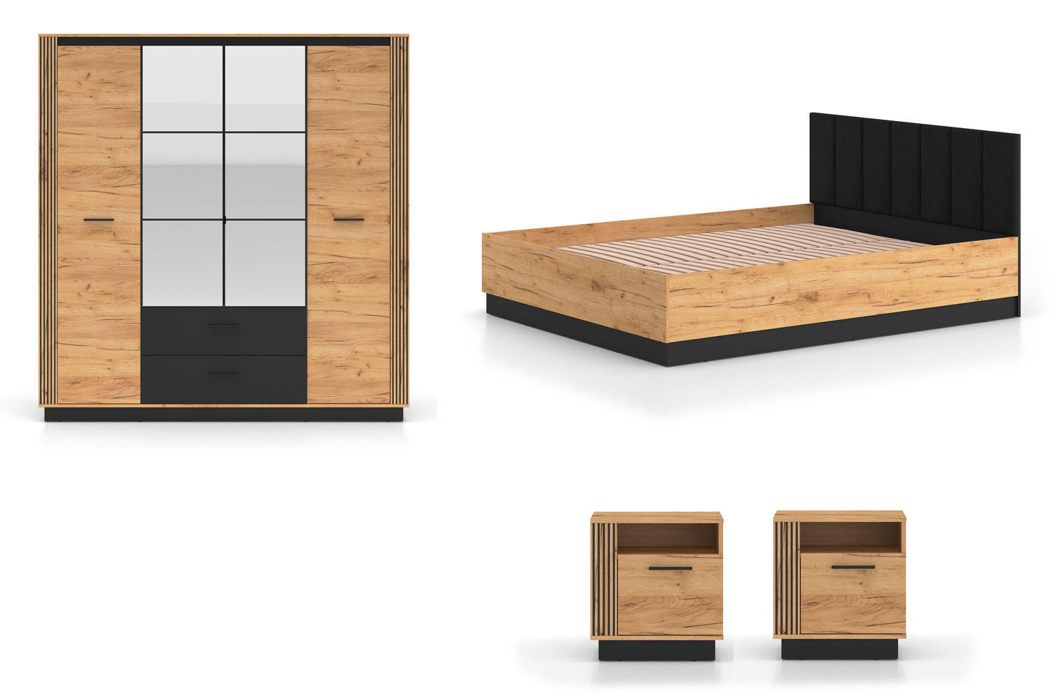 SCHLAFZIMMER-SET 4-teilig Urso Gold Craft Eiche / Schwarz - Schwarz/Braun, Holz/Holzwerkstoff (160/200cm) - Feldmann-Wohnen