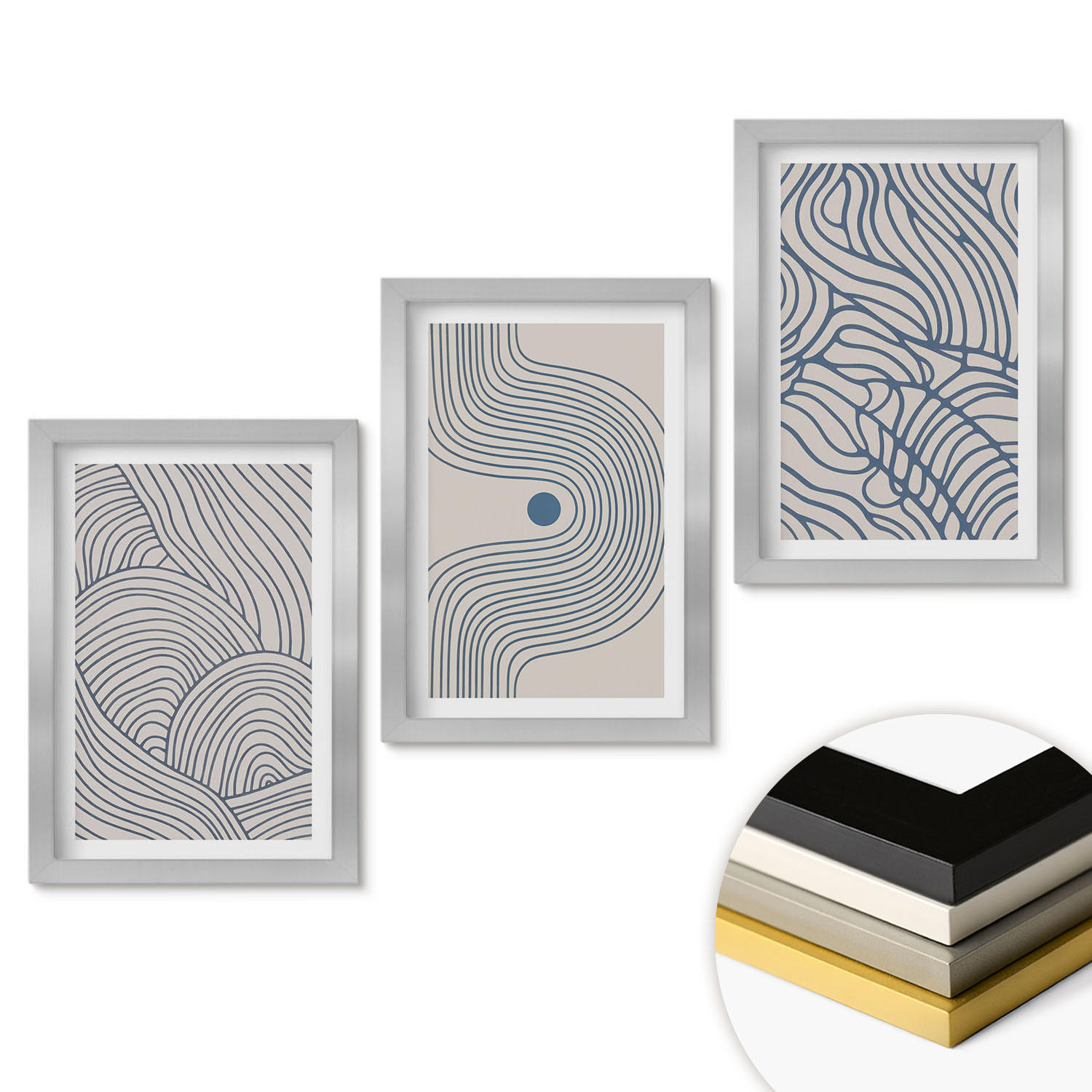 WANDBILDER 3er Set - 20x30 cm Silberner Rahmen - Abstrakte Linien, Wellenformen - Silberfarben, Kunststoff (20/30cm) - ArtPrintCave