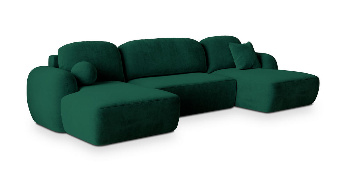 WOHNLANDSCHAFT SAVONA K Grün Plüsch-Stoff mit Schlaffunktion - Grün, Holz (320/90/148cm) - MASSENO