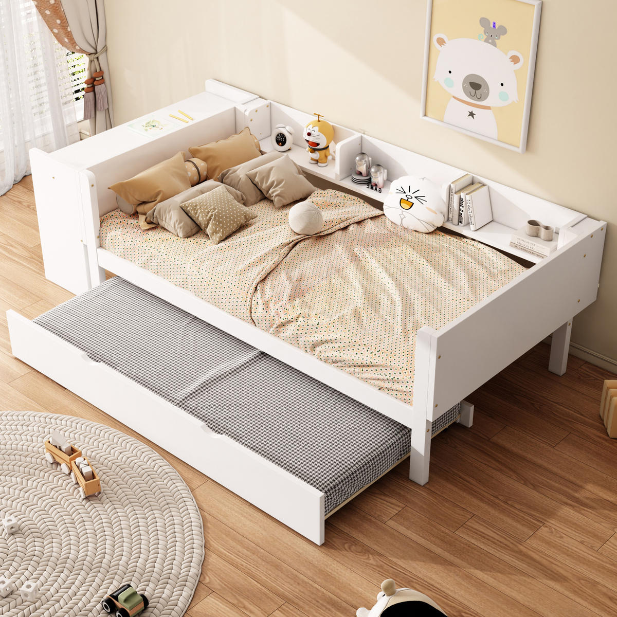 KINDERBETT 90/200 cm Weiß mit Ausziehbett, Schreibtisch und Regalen - Weiß, Holzwerkstoff (90/200cm) - Flora Grace