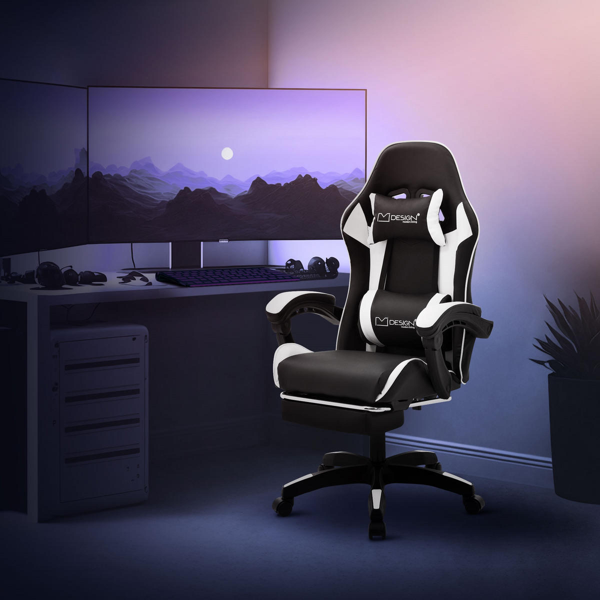 GAMING STUHL Schwarz-Weiß aus Kunstleder - Schwarz/Weiß, Kunststoff/Metall (62/119/62cm) - ML-DESIGN