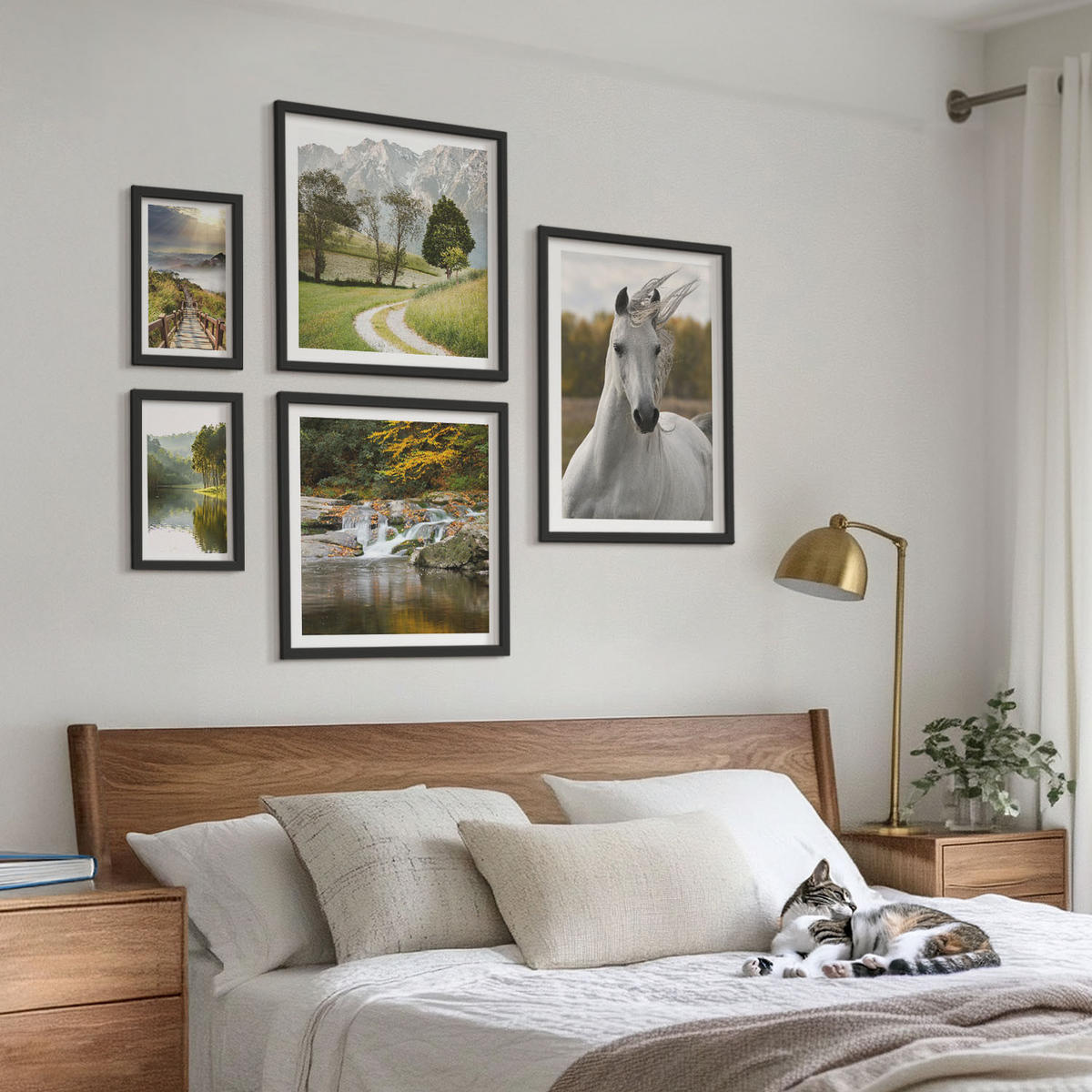 BILDER SET 5er Set - 50x50 cm & 20x30 cm & 40x60 cm Schwarzer Rahmen - Natur des Flusses White Horses - Schwarz, Kunststoff (40/60cm) - TULUP