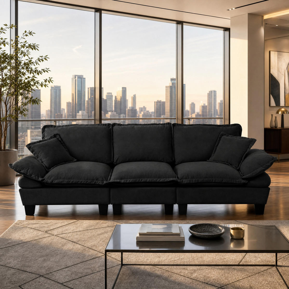 3-SITZER Sofa aus Chenille Schwarz 264x85x90 cm, 3-Sitzer mit abnehmbaren Armlehnen - Schwarz, Textil (264/90/85cm) - IVMEU