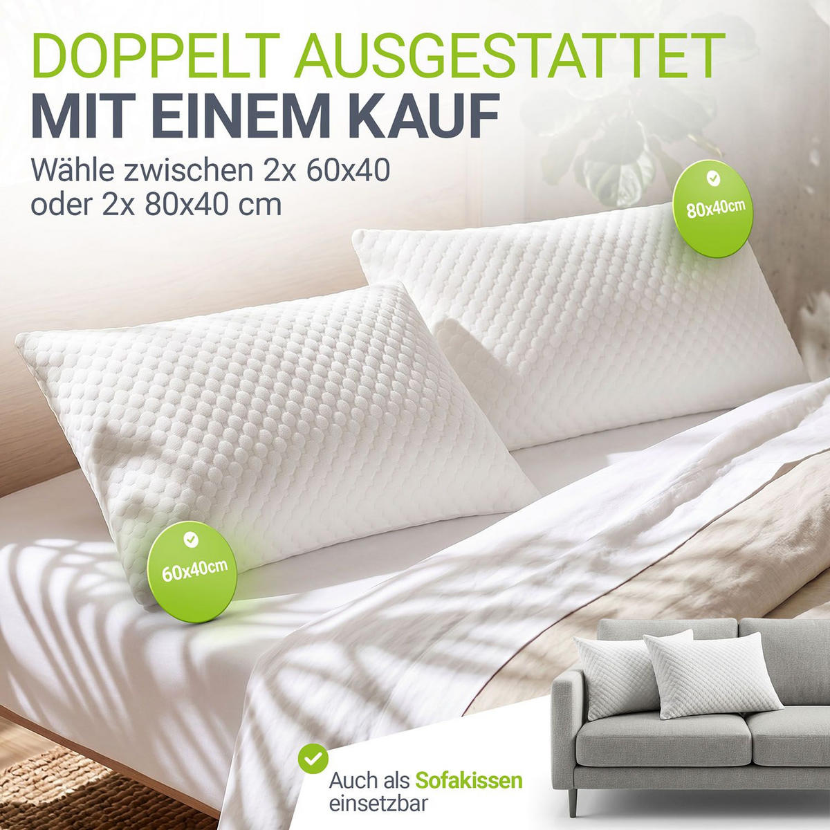 KOPFKISSEN 80x40 cm (2er-Set) - Weiß, Textil (40/80cm) - Juskys