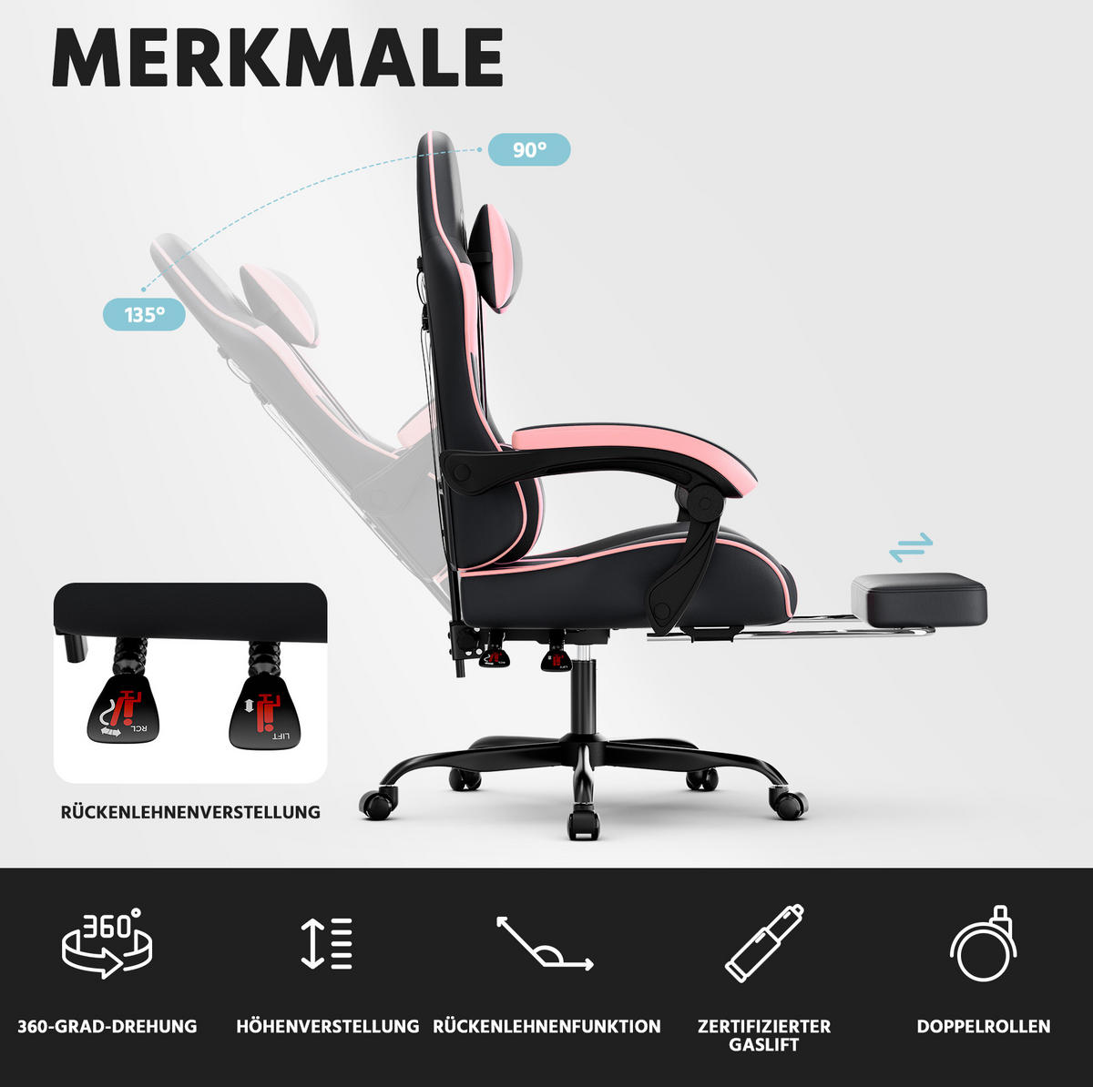 GAMINGSTUHL ergonomisch mit Fußstütze PVC Pink/Black - Pink, Kunststoff (63/120.5/58.5cm) - Meubliv