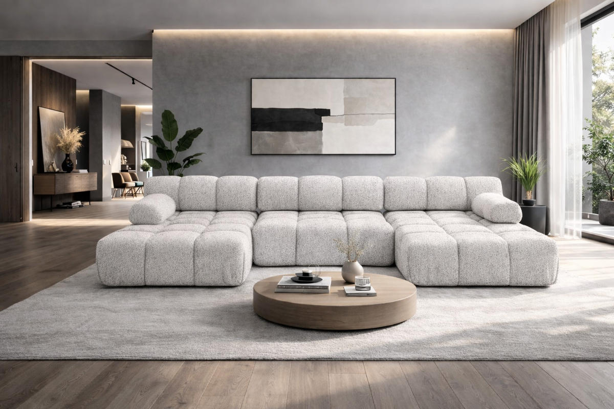 ECKSOFA U-Form, Stoff Bouclé Abriamo, Ecru, Selia U - Ecru, Holz (285/70/160cm) - Kaiser Möbel