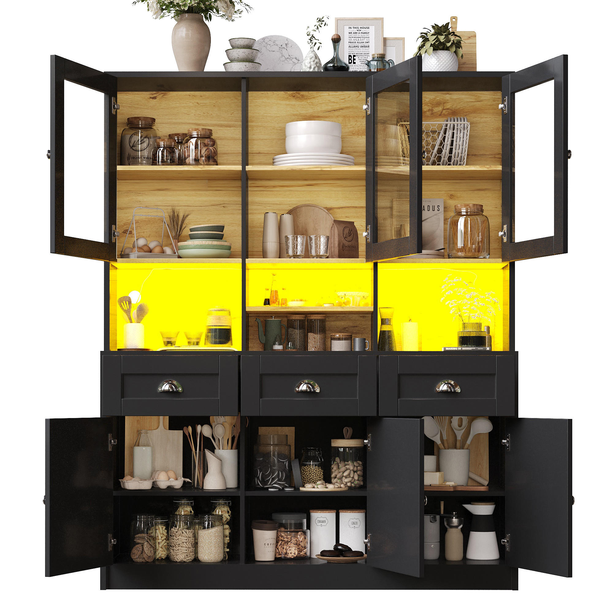 BUFFETSCHRANK 140/40/175 cm schwarz aus MDF mit LED-Beleuchtung - Schwarz, Holzwerkstoff (140/175/40cm) - OKWISH