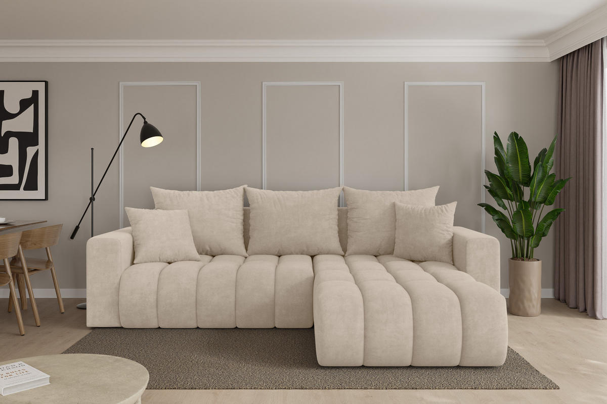 ROHOVÁ SEDAČKA s funkcí spaní, otoman vpravo MILA-L-v1 277x195x86 béžová velur - černá/Sahara, kompozitní dřevo/textil (277/194cm) - ALTDECOR