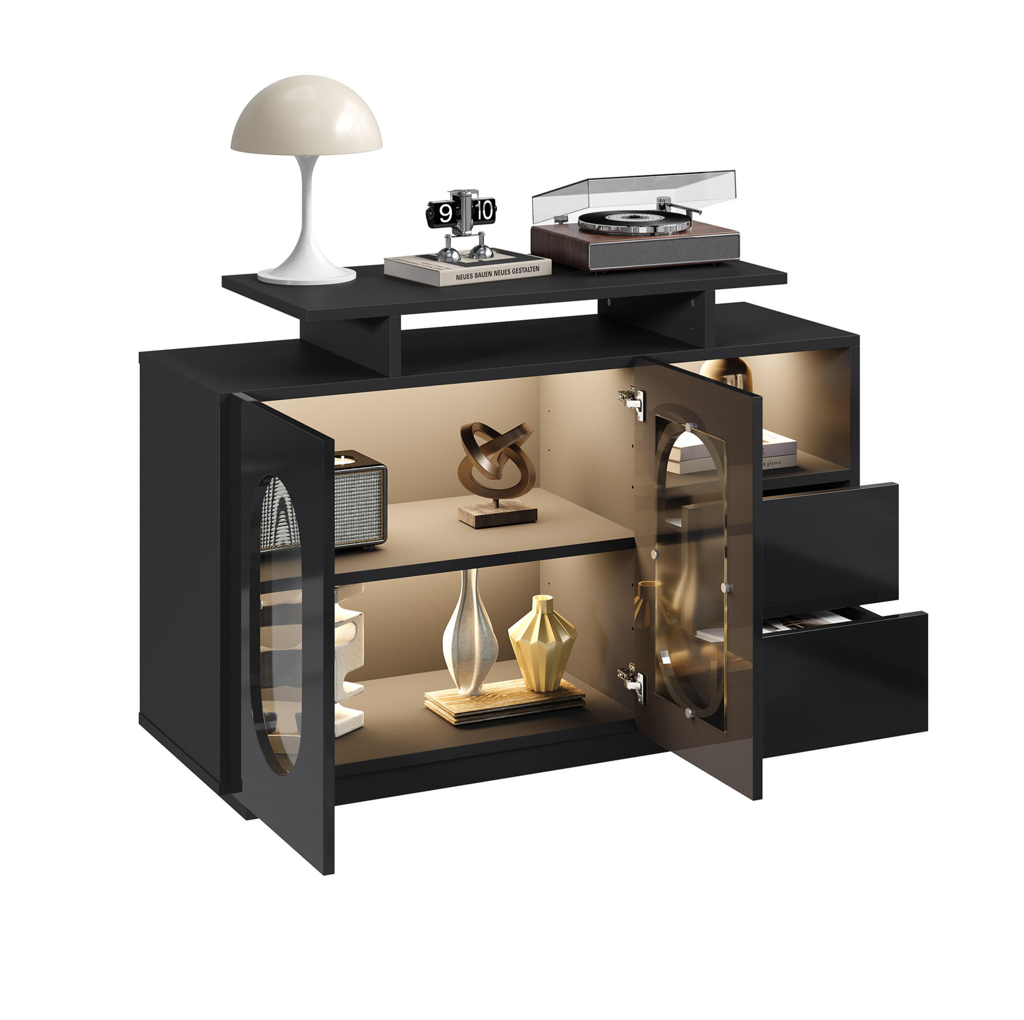 SIDEBOARD 120/40/80 cm mit LED-Beleuchtung, Glastüren und verstellbaren Einlegeböden, Schwarz - Schwarz, Holzwerkstoff (120/80/40cm) - Redom