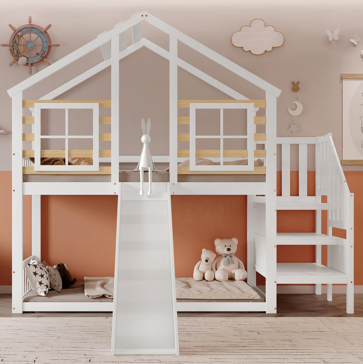 ETAGENBETT mit Treppe, Gitter, Rutsche und Fenster 90/200 cm, Weiß/Natur - Weiß, Holz (90/200cm) - MIVRAY