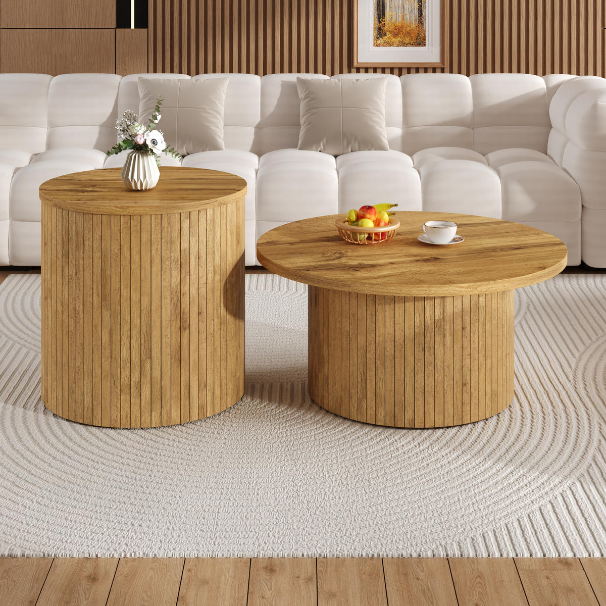 COUCHTISCH rund 2er Set Holzlatten - Naturfarben, Holz (75/75/36cm) - LEBENLANG