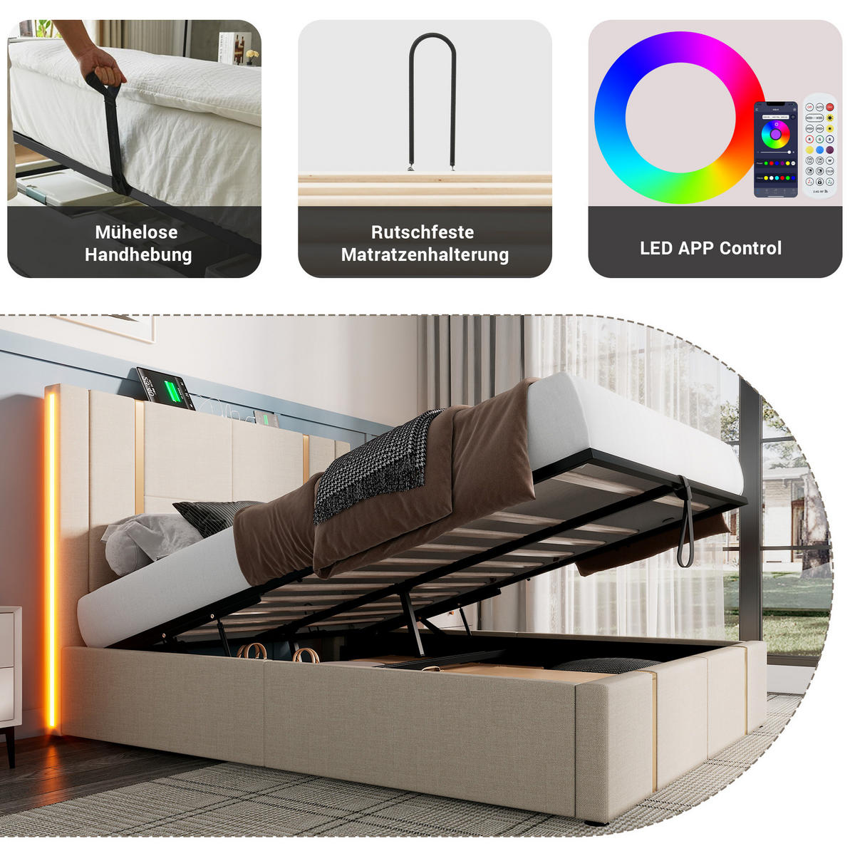 ČALOUNĚNÁ lněná postel 140/200 cm s USB, portem Type-C, RGB LED a hydraulickým úložným prostorem, Béžová - béžová, textil (140/200cm) - Redom