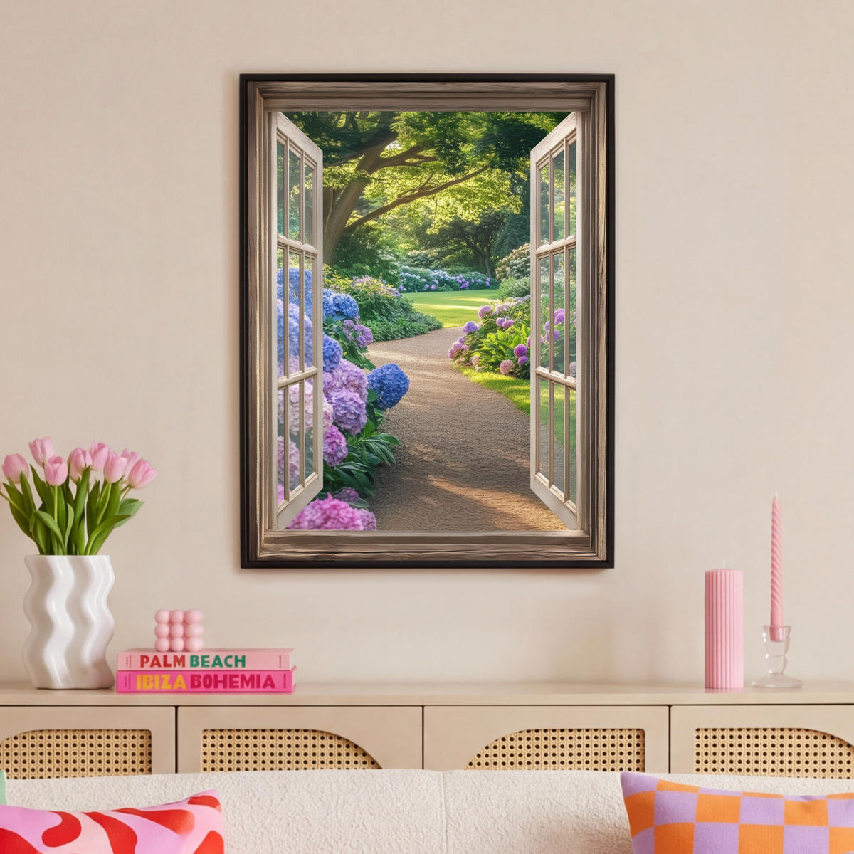 LEINWAND Bilder mit Rahmen - Aussicht - Garten - Fenster - Hortensie - Blumen - 70x100 - Pastellblau, Textil (70/100cm) - MuchoWow