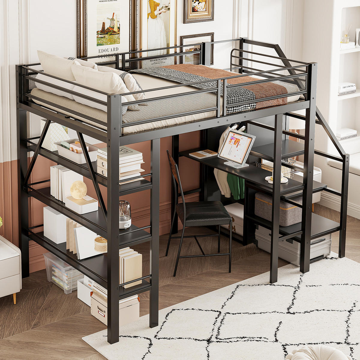 HOCHBETT 140/200 cm Schwarz aus Metall mit Schreibtisch und Kleiderschrank - Schwarz, Metall (140/200cm) - OKMYHOME