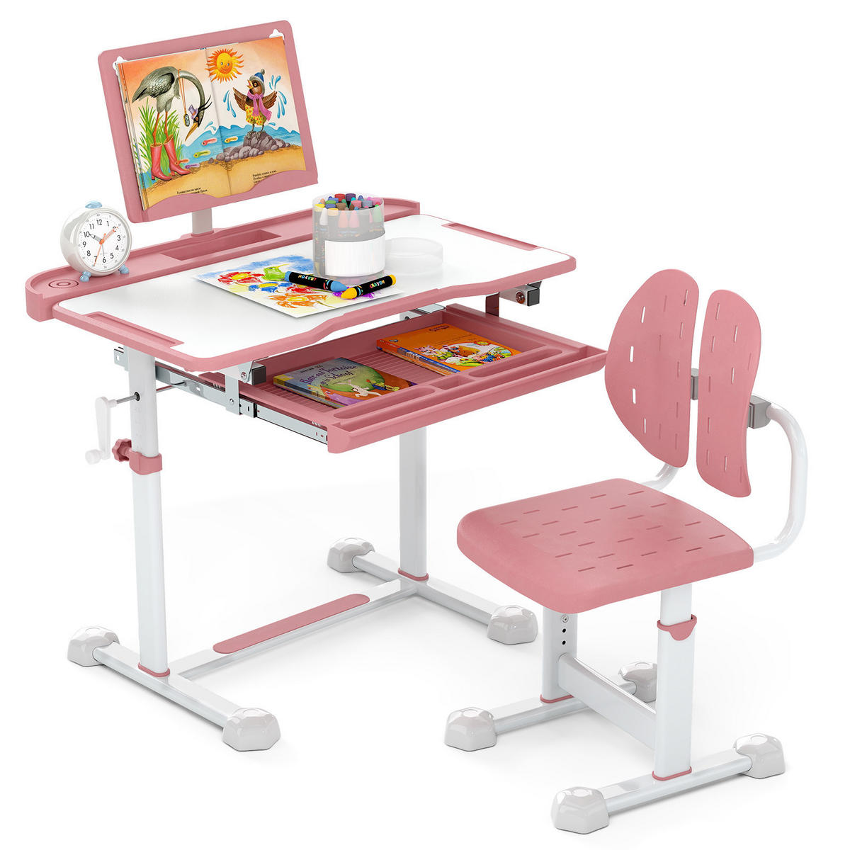 KINDERSCHREIBTISCH mit Stuhl Rosa(2-tlg) - Pink, Metall (80/83/50cm) - COSTWAY