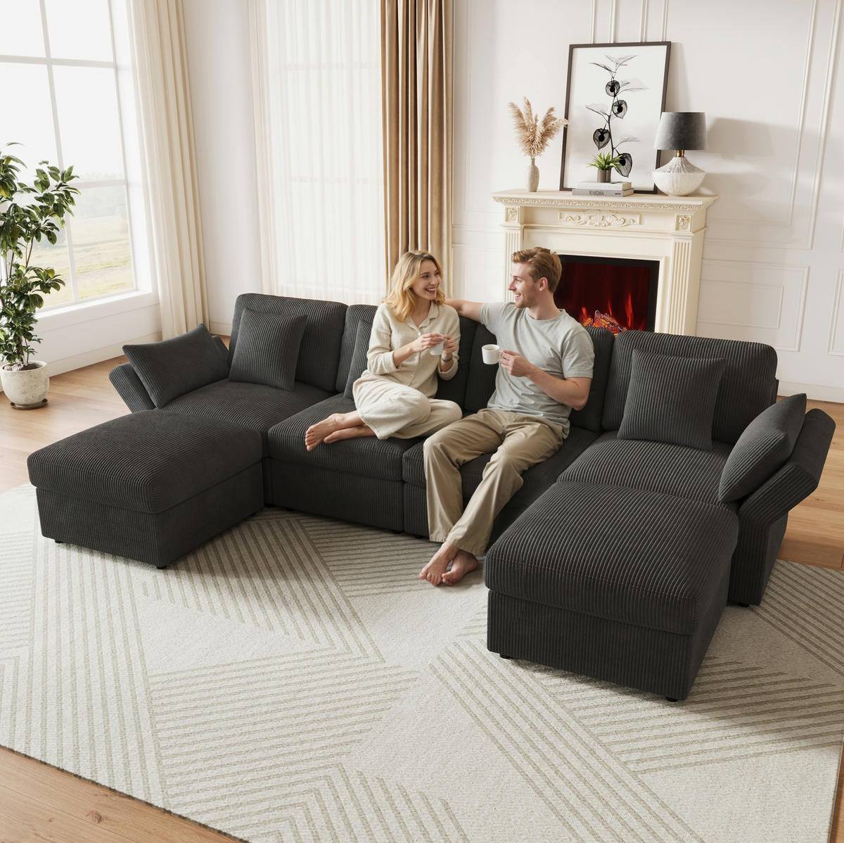 ECKSOFA 290/159,5/89 cm mit verstellbaren Armlehnen, modular und mit Hockern, Cord, Grau - Grau, Textil (290/159.5cm) - Redom