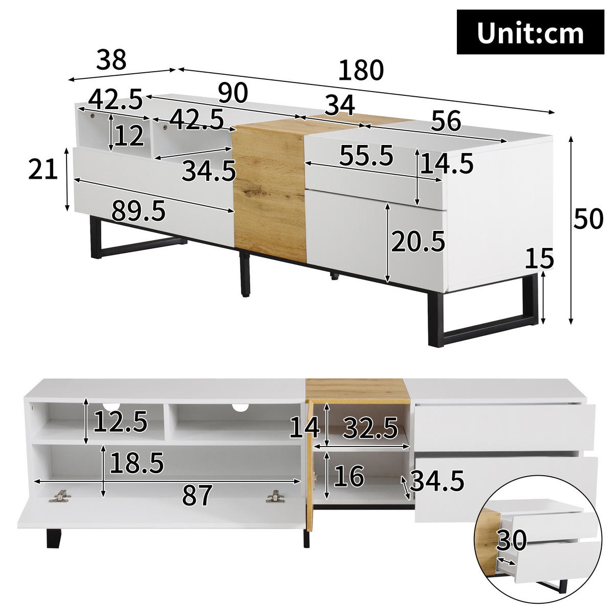 LOWBOARD 180/38/50 cm aus MDF mit 2 Schubladen und schwarzen Metallfüßen Weiß/Holzoptik - Weiß, Holzwerkstoff (180/50/38cm) - Modenvie