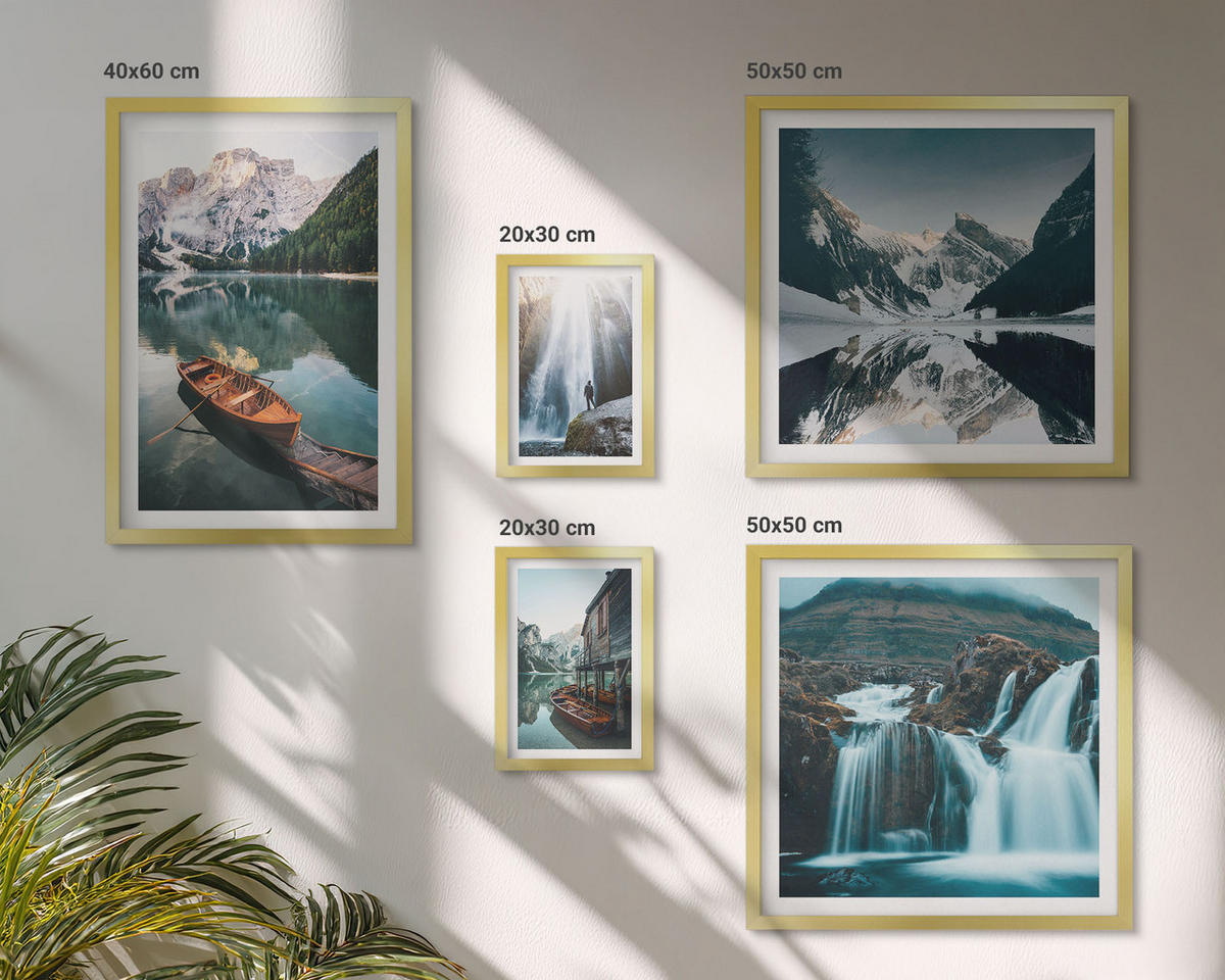 WANDBILDER 5er Set - 50x50 cm & 20x30 cm & 40x60 cm Goldrahmen - Spiegelung der Boote auf Bergseen - Goldfarben, Kunststoff (40/60cm) - ArtPrintCave