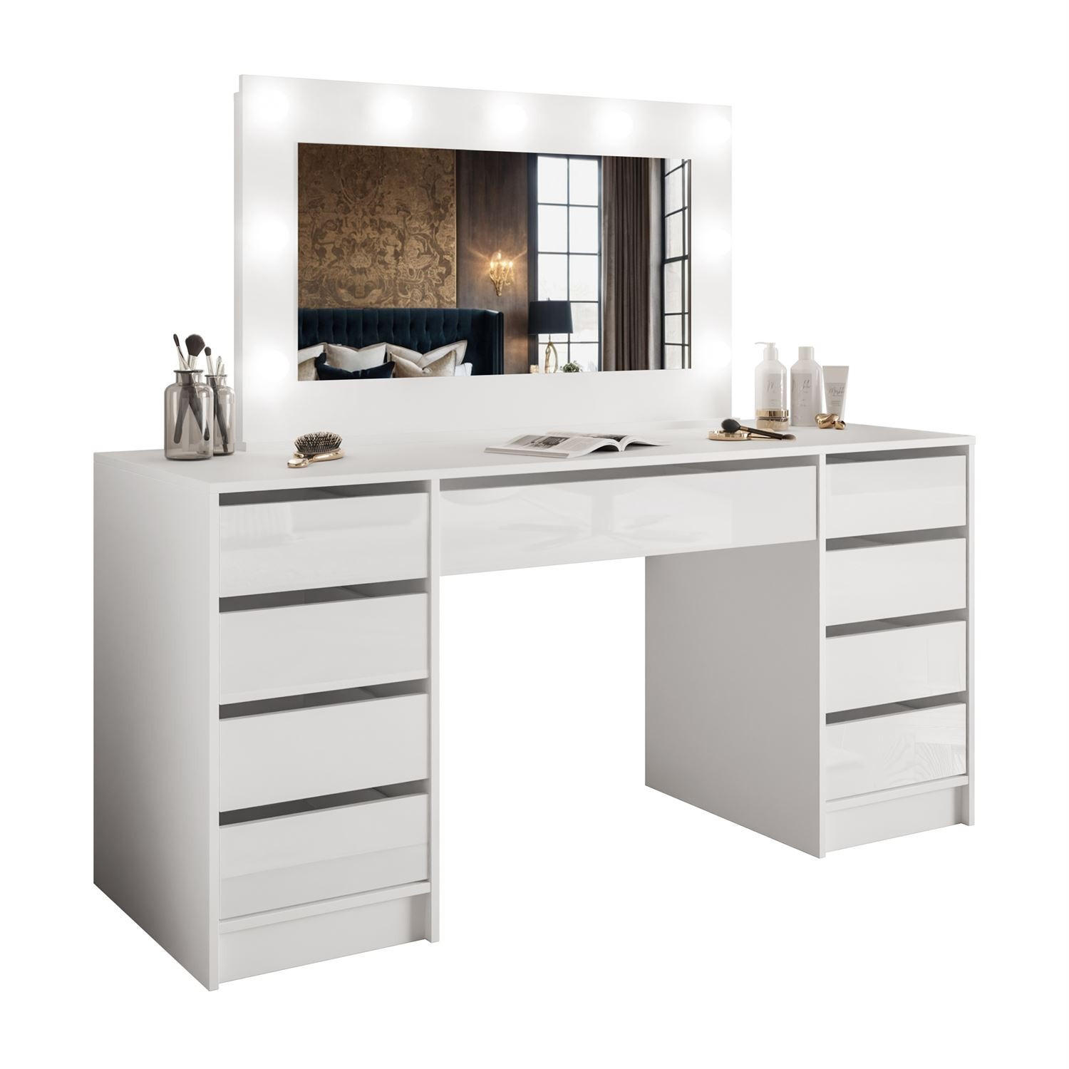 SCHMINKTISCH MADA DOUBLE mit LED-Beleuchtung - Weiß, Holzwerkstoff (152/75/55cm) - Lookway