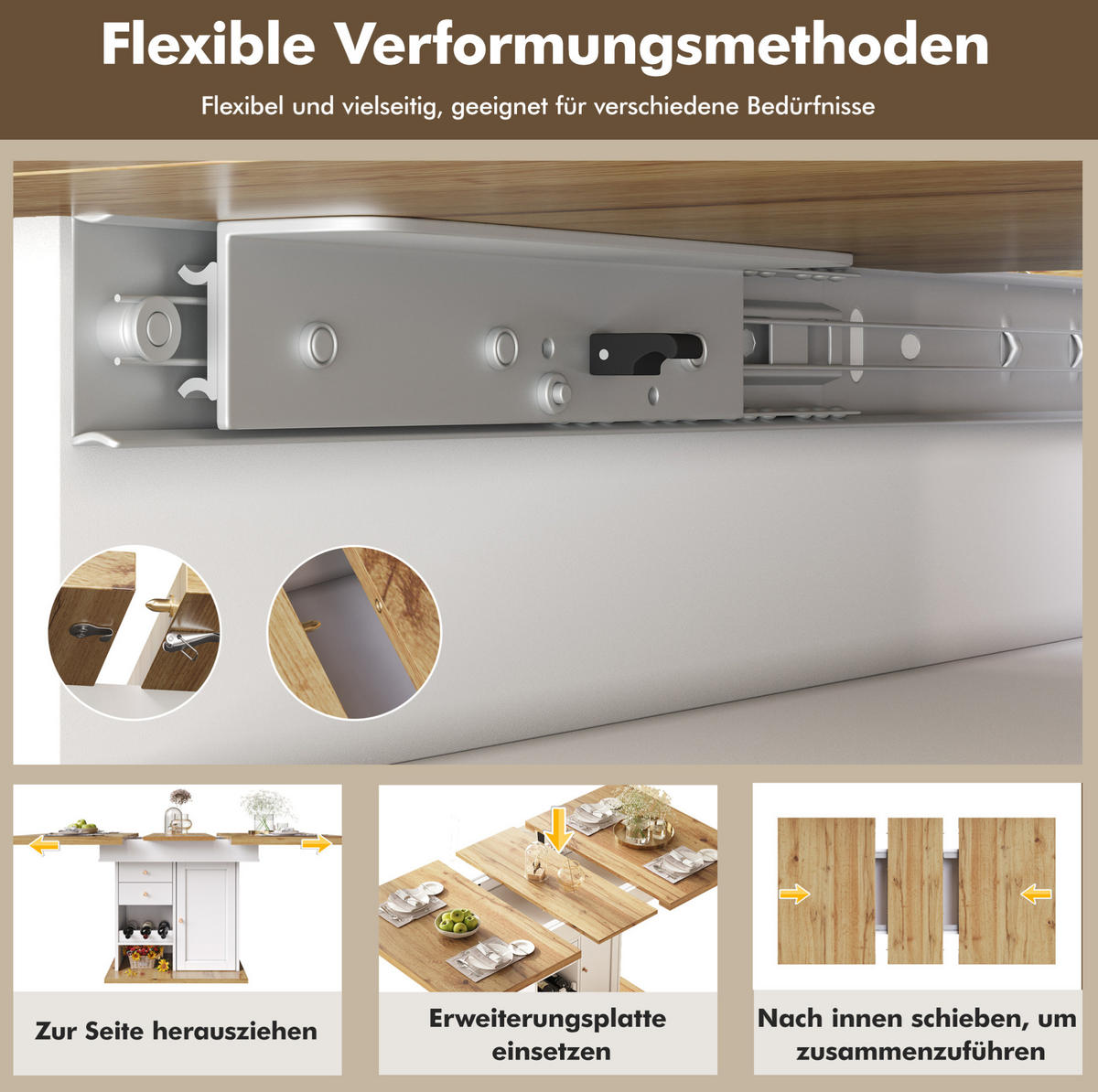 ESSTISCH aus MDF 110-140x80x75 cm Natur/Weiß ausziehbar mit Schublade, Klapptür und Regalen für Snacks und Wein - Naturfarben, Holzwerkstoff (140/80/75cm) - Modfu
