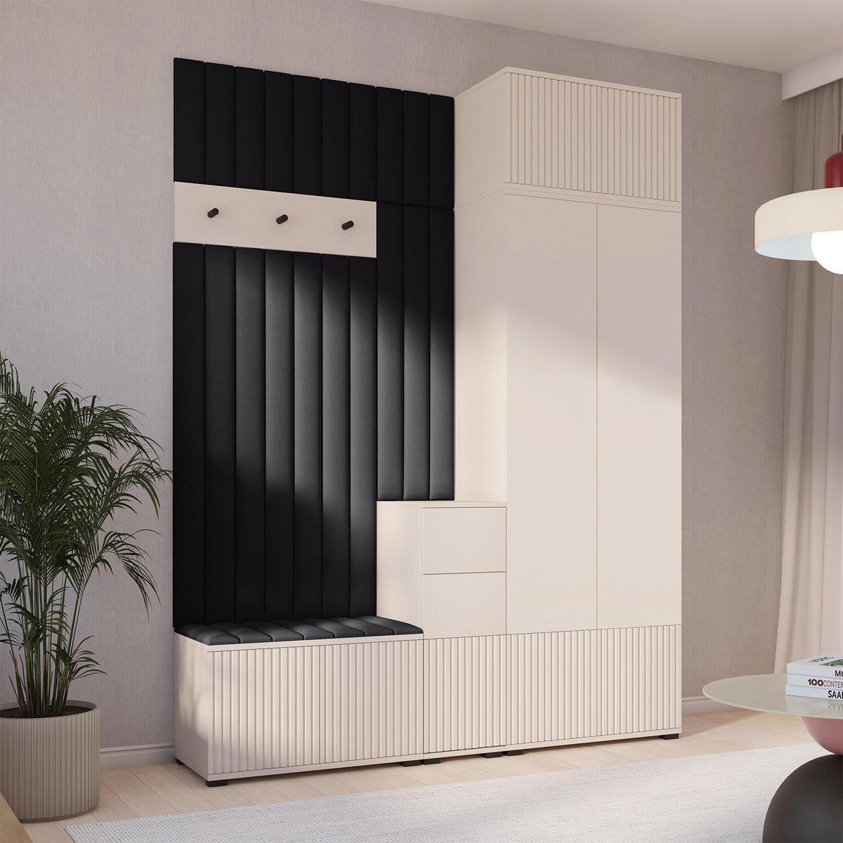 GARDEROBE Ritmo version 8 gefräste Kleiderschrank mit Polsterplatten Schwarz - Beige/Schwarz, Holzwerkstoff (170/225/40cm) - Jerpax