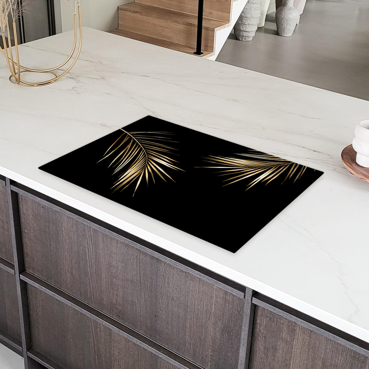 HERDABDECKPLATTE Blätter - Pflanzen - Gold - Schwarz - Luxus 80x52 cm - Goldfarben, Kunststoff (80/52/0.2cm) - MuchoWow