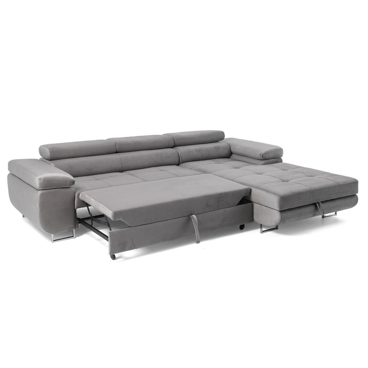 ECKSOFA ALONZO L Rechts mit Schlaffunktion 125x195 Velours Grau - Silberfarben/Grau, Holz/Textil (203/275cm) - Muffo