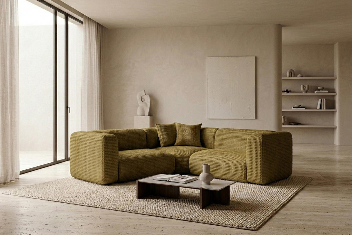 ECKSOFA Modulares, Corner mini, Chenille-Stoff Cremona, Olive, GRETA - Olivgrün, Holz (380/190cm) - Kaiser Möbel