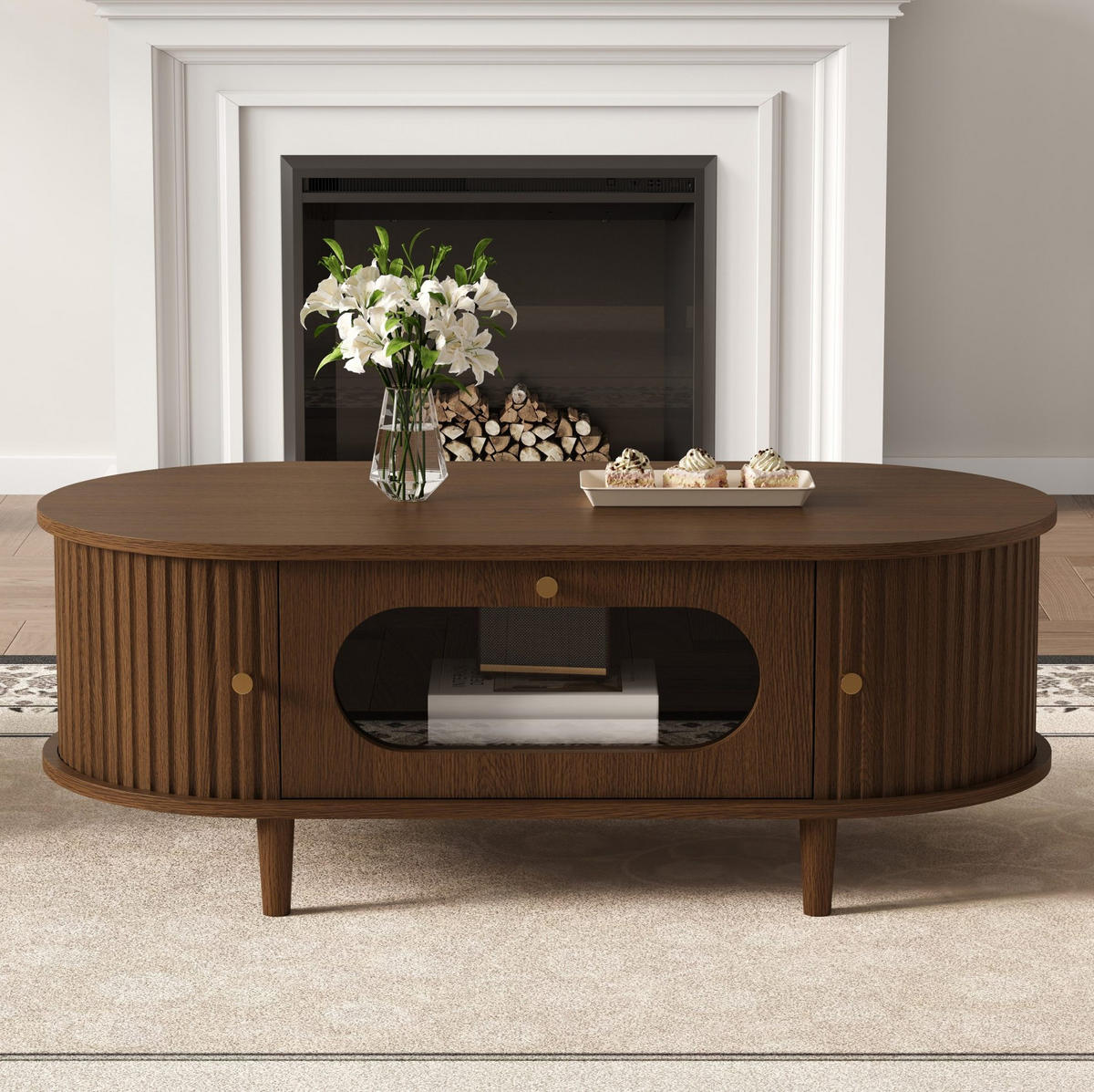 COUCHTISCH 100/50/36 cm Walnuss aus MDF mit Schublade und Rollladentüren - Nussbaumfarben, Holzwerkstoff (100/50/36cm) - OKWISH
