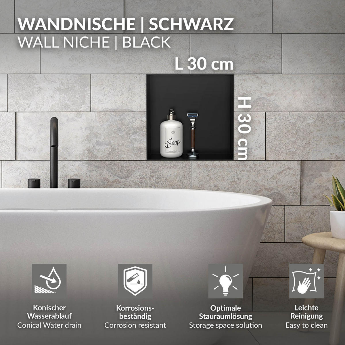 DUSCHNISCHE Schwarz 30/30 cm randlos - Schwarz, Metall (30/30/10cm) - LuxeBath
