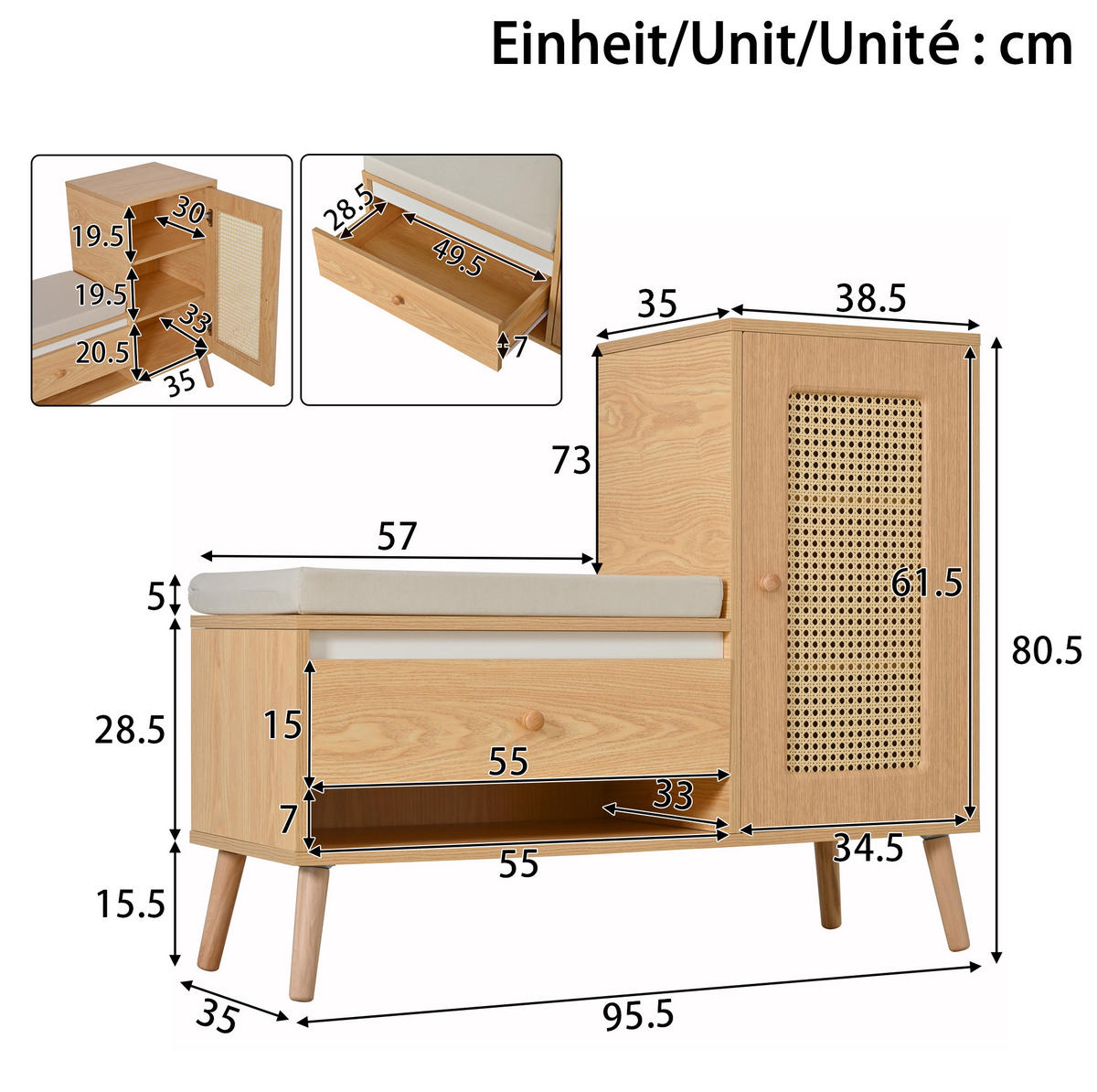 SCHUHSCHRANK 95,5/35/80,5 cm mit Sitzkissen, Schubladen und Rattan-Optik aus MDF und Holzwerkstoff, Natur - Naturfarben, Holzwerkstoff (95.5/80.5/35cm) - Redom