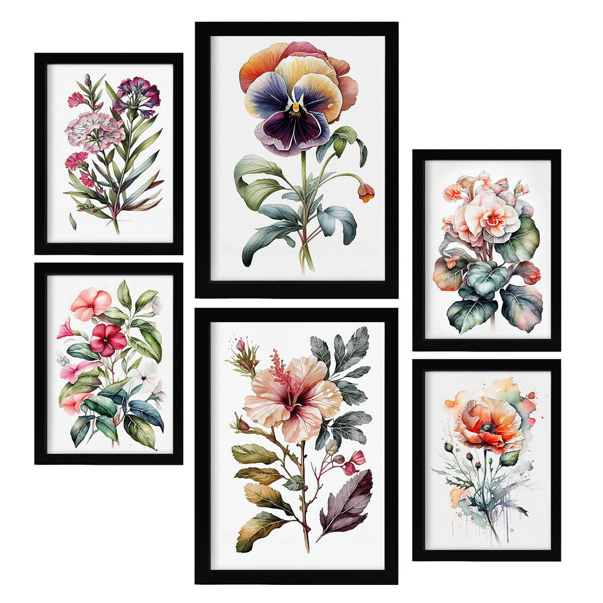 POSTER Set Mit 6 Dunkle Blumen Größe A3 & A4 Schwarzer Rahmen - Schwarz, Papier (29.7/1cm) - Nacnic