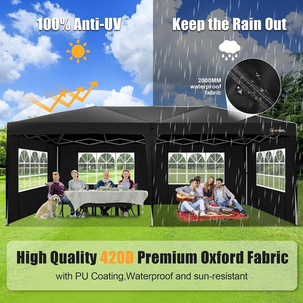 FALTPAVILLON 3x6 Schwarz Wasserdicht Stabil mit 6 Seitenwänden - Schwarz, Metall (300/270/600cm)