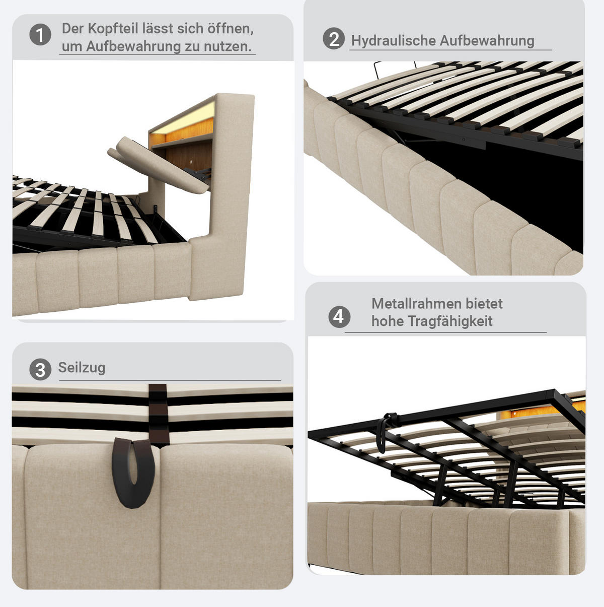 POLSTERBETT 140x200 cm in Beige mit hydraulischem Stauraum, LED und USB-/USB-C-Anschlüssen - Beige, Textil (140/200cm) - IVMEU