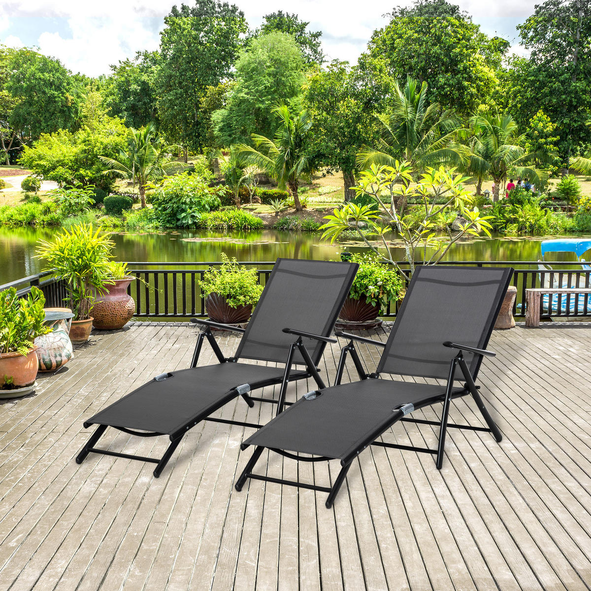 SONNENLIEGE Set mit 2 klappbaren Gartenstühlen mit verstellbarer Rückenlehne 64 x 134 x 95 cm ,Schwarz - Schwarz, Metall (134/95/64cm) - Vallsero
