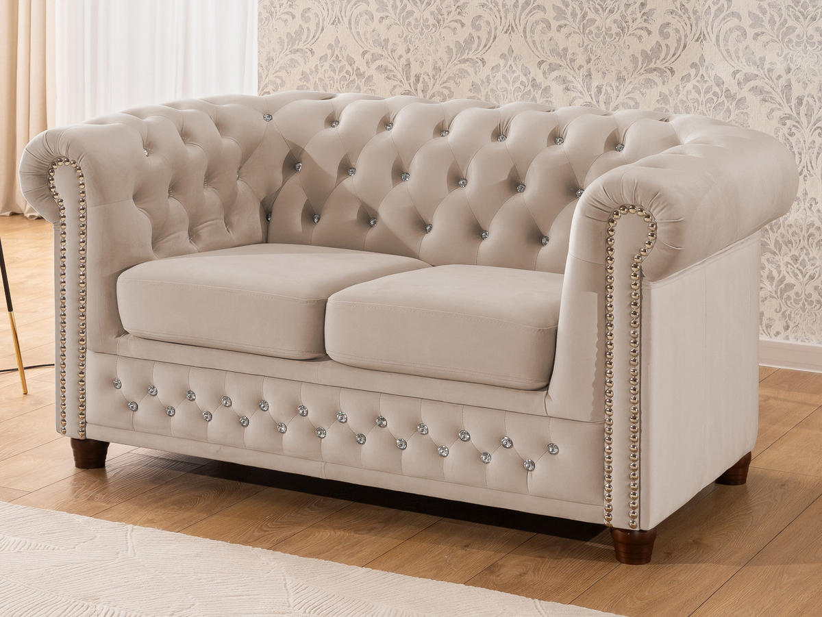 SITZGARNITUR 3+2 Chesterfield Cleo Blink Beige Samt mit Kristallsteppung und braunen Massivholzfüßen - Beige/Braun, Holz/Textil (203/72/86cm) - S-Style Möbel