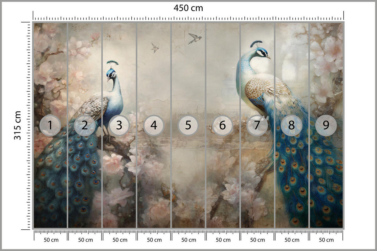 FOTOTAPETE Abstrakte Pfauen Blumen Beton Vintage 450x315 - Blau/Beige, Papier (450/315cm) - Muralo