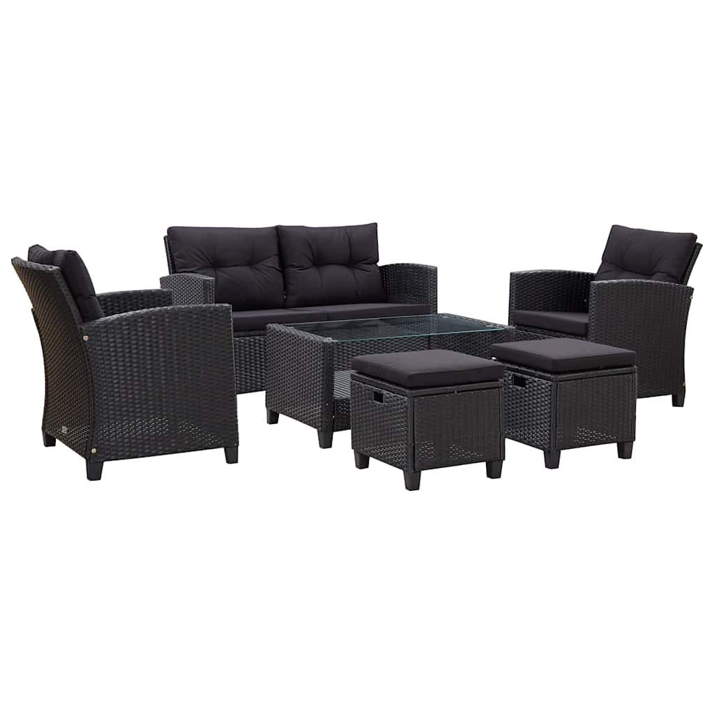 LOUNGEGARNITUR mit Auflagen und 92 cm Couchtisch, aus Poly Rattan und Glas, Schwarz, 6-teiliges Set - Schwarz, Textil/Metall - vidaXL