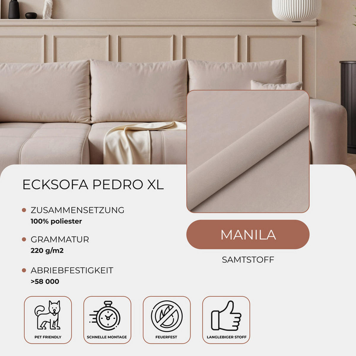 ECKSOFA PEDRO mit Schlaffunktion und Bettkasten Beige - Beige, Holzwerkstoff/Kunststoff (278/145cm) - Idohome