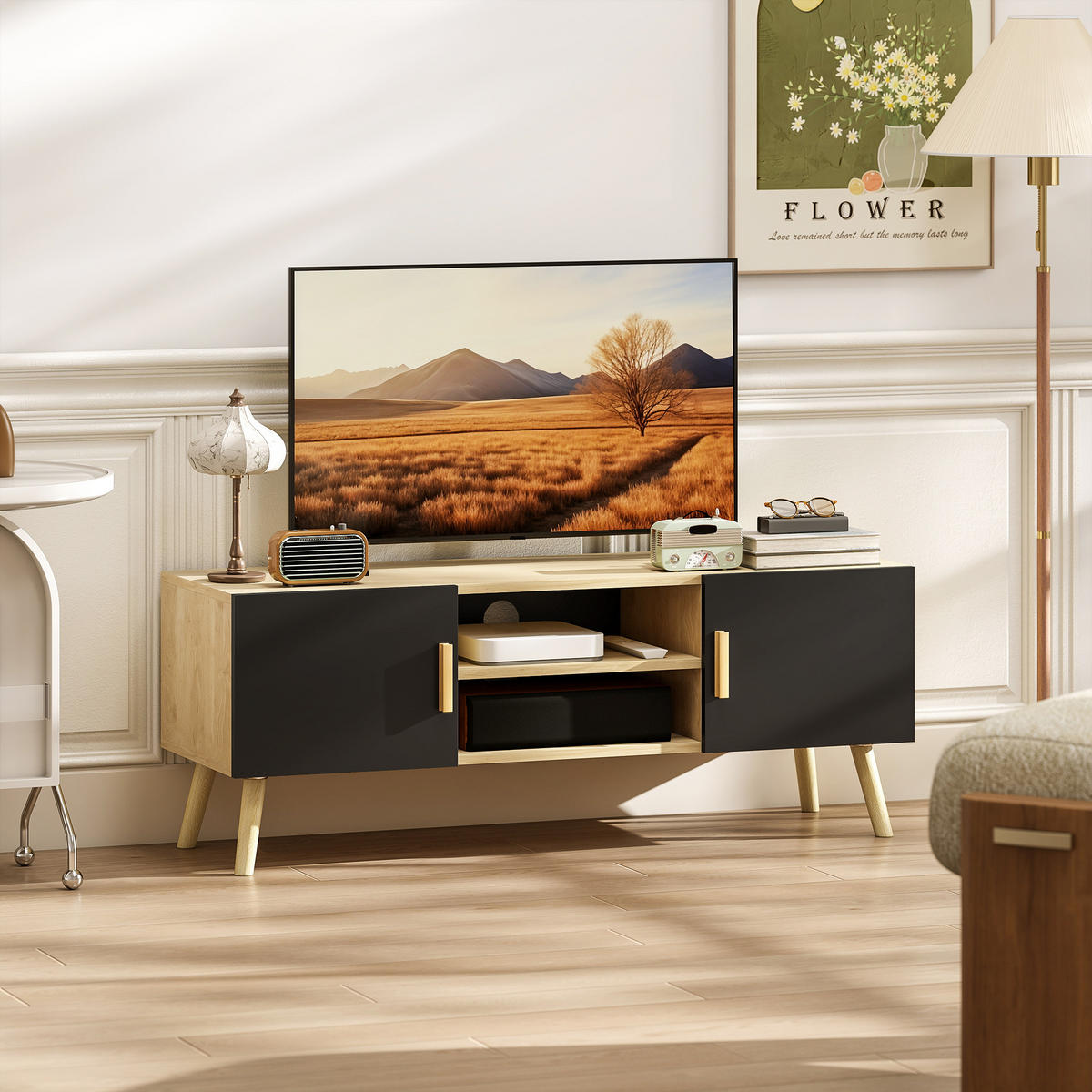 TV-LOWBOARD Eichefarben/Schwarz 110/36,2/42 cm, 2 Türen, Kabelmanagement - Eichefarben, Holzwerkstoff (110/42/36.2cm) - PANGIVO