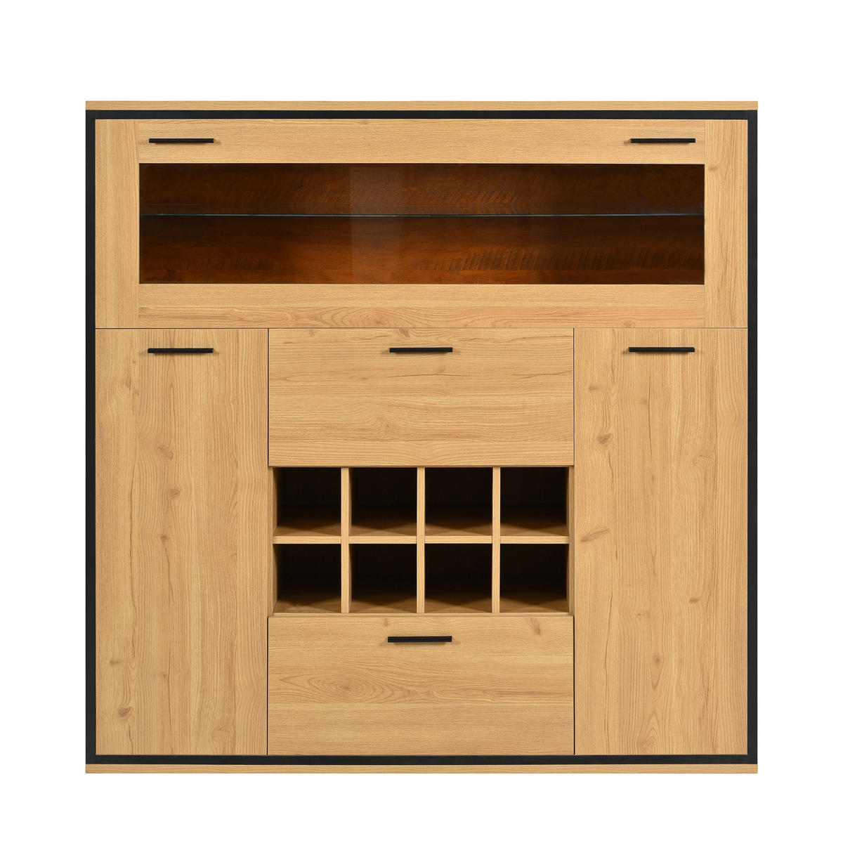 SIDEBOARD 110/38/111 cm in Holzfarbe aus Spanplatte mit Weinhalterung und LED-Beleuchtung - Schwarz/Naturfarben, Glas/Holzwerkstoff (110/111/38cm) - CHICFURN